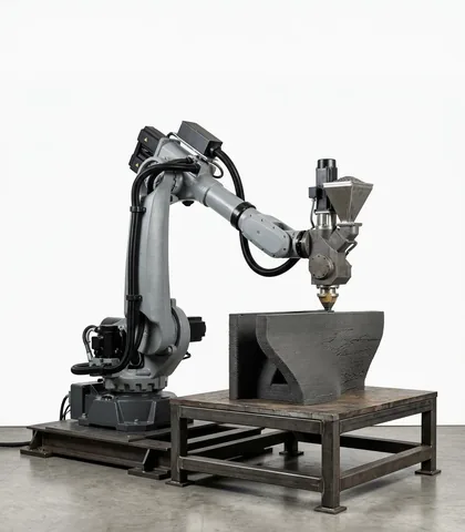 Braccio robotico con estrusore a pellet che stampa un pezzo di grande formato.