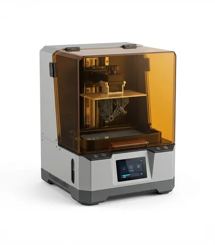 Stampante 3D a resina con coperchio arancione trasparente.